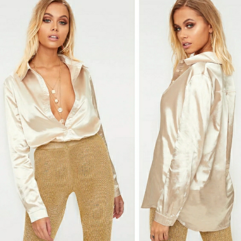 Prettylittlething champagne satin buttondown shirt